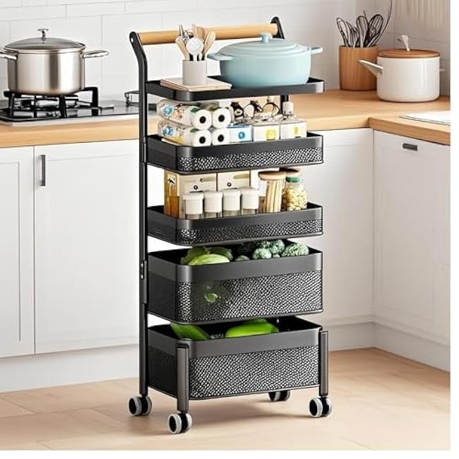 Multilayer Rolling Cart with Lockable Wheels, Metal Storage Baskets Trolley with Adjustable Height for Kitchen, Bedroom, or Living Room-sdhkSmKT