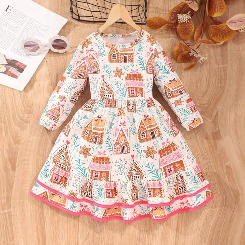 DDSOL Toddler Girl Christmas Dress Little Kid Long Sleeve Dinosaur Santa Swing Ruffle Casual Dress Xmas Clothes 2-7 Year3