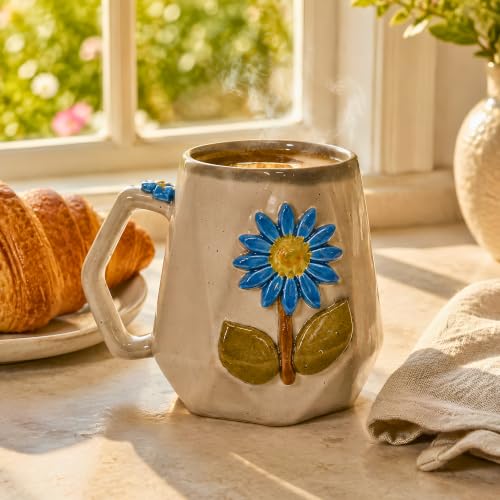Image of Handmade Ceramic Mug 3D Daisy Flower Design Coffee Tea Cup 240 ml Gift for Coffee Lovers Kitchen Decor (Pink /Light Blue /Yellow /Grey) (Grey)