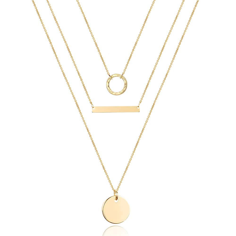 Turandoss Dainty Layered Choker Necklace, Handmade Y Pendant Necklace Multilayer Bar Disc Necklace Adjustable Layering Choker Necklaces for Women