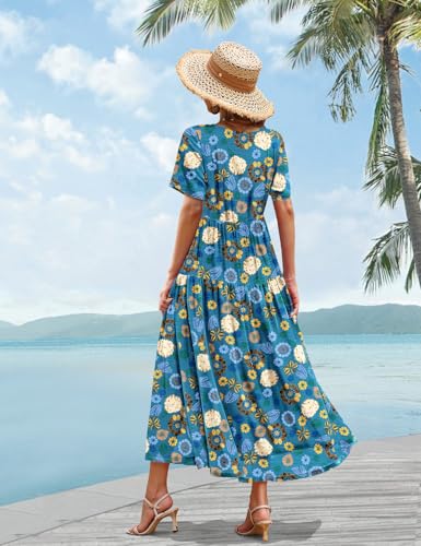 Image of YESNO Women Casual Loose Bohemian Floral Dress with Pockets Short Sleeve Long Maxi Summer Beach Swing Dress EJF