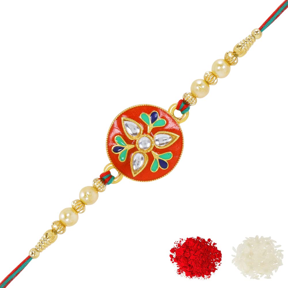Riddhika Ventures Stunning Gold Plated Designer Brothers Rakhi with Roli Chawal and Greeting Card (.P2) (B0C8BMTC3C) Amazon Price History, Amazon Price Tracker
