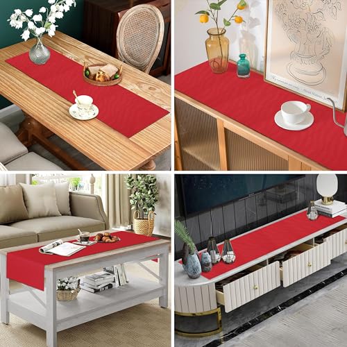 Image of HOME COLORS.IN Solid Color Texture Ribbed Cotton Table Runner for Dining Table, Teapoy, TV Table, Coffee Table, Center Table - Modern Dining Room - Table Decor Runner - 14 x 52 Inch - Red