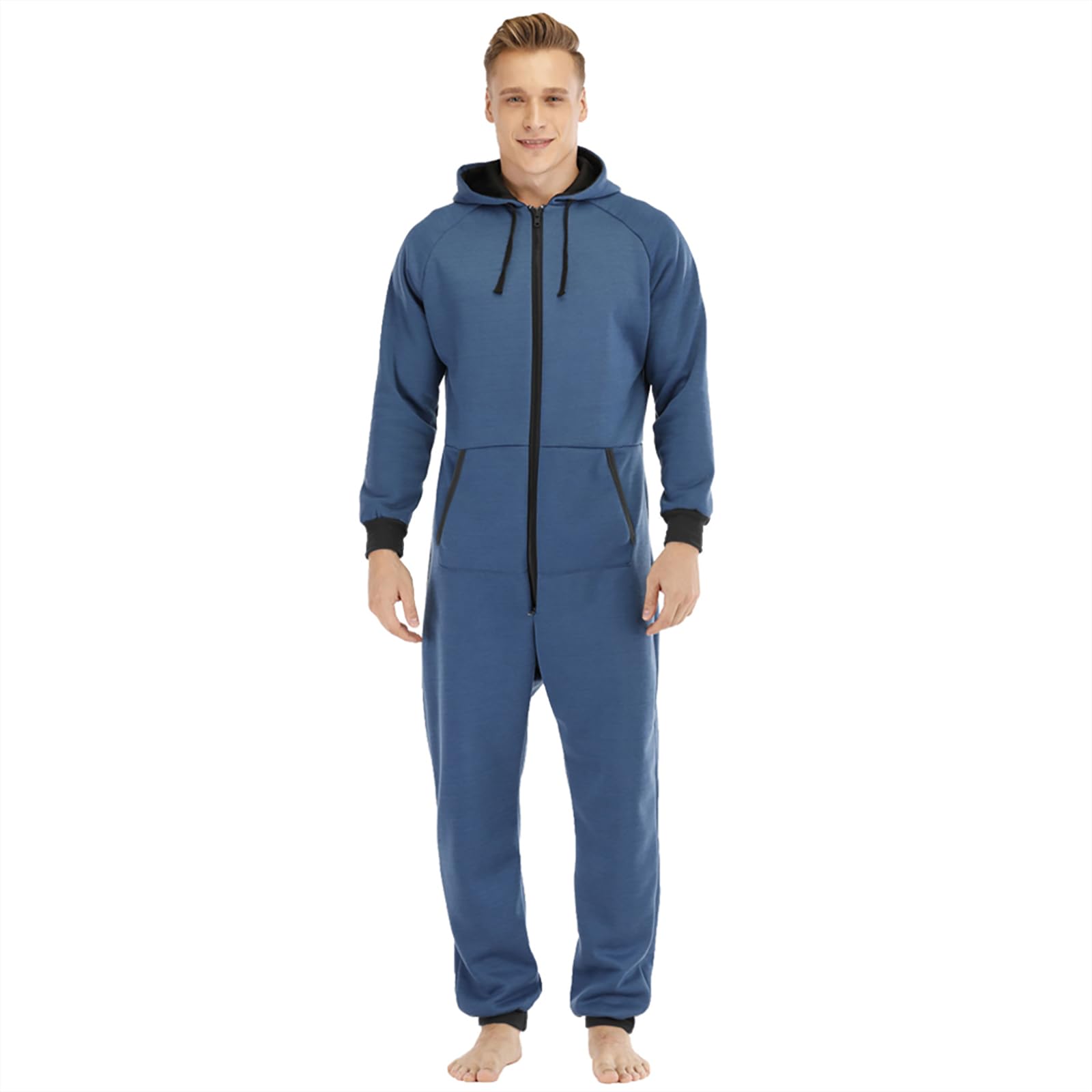 Pyjama Grenouillere Homme Combinaison Pyjama a Capuche Casual Polaire Doublure Mélange de Coton Zippé Adulte Une Pièce Hiver Automne Chaud Confortable Homewear