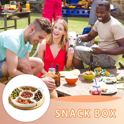 Divided Serving Tray - 5 Compartment Snack Spinner, Natural Wood & Ceramic Glaze, 28.5 cm Round Diameter + Rotating Base, Sustainable Bamboo Timber Composite - For Party Appetisers, Lazy-Susan – Bild 5