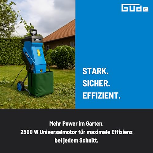 Güde Gartenhäcksler GH 2501 (2500 W, Messertechnik, wartungsarm, Selbsteinzug, Transporträder, Überlastsicherung, max. Astdicke 45 mm, inkl. Fangsack 45 L und Zuführhilfe)