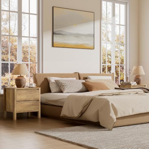 Image of Furniway Nightstands Set of 2, 2 Drawer Nightstand with Wood Legs, Mid-Century Modern Bedside Table with Storage, Wooden End Table for Bedroom, Oak
