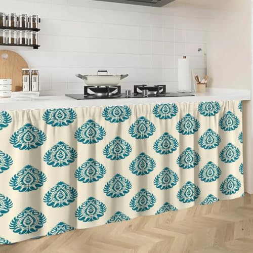 Image of Kitchen Curtains for Sink | Premium Printed Under-Sink Skirt for Kitchen Counter | Washable & Dustproof Rod Pocket Curtain | Home & Cooking Theme Decor (150cm x 70cm) (Blue Kunja)