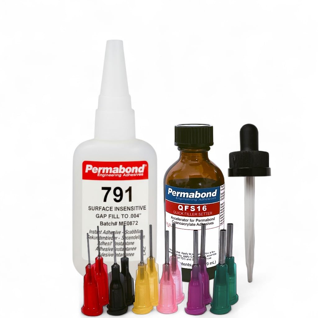 Maven Adhesive Kits (Permabond 791) Low Viscosity Cyanoacrylate Instant Adhesive, Surface-Insensitive, Fast-Setting Industrial Super Glue for Plastics, Metals, Wood (Glue + Tips + Accelerator, 1oz)