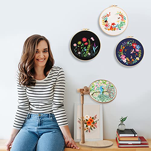 Image of ZOCONE Beech Wood Adjustable Rotated Embroidery Hoop Stand with 2 Pcs 6'' 8'' Embroidery Hoops, Wooden Embroidery Stand, Embroidery Hoop Holder for Cross Stitch and Embroidery Project (A)