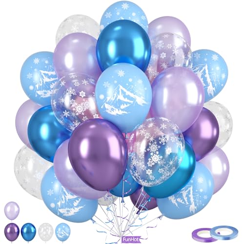 Frozen Balloons, 50Pcs 12 Inch Light Macaron Blue Pearl Purple Metallic Blue Purple Clear Snowflake Birthday Balloons for Girls Frozen Birthday Party Decorations Winter Baby Shower Snow Backdrop