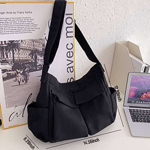 Image of LassZone Canvas Messenger Bag Large Crossbody Bag Hobo Shoulder Handbags Multi Pocket Denim Tote Bag for Women or Men