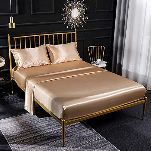 Loussiesd Plain Champagne Sheet Set Double Silk Like Satin Fitted Sheet Hotel Summer Gorgeous Bed Sheet Set Silky Smooth Honeymoon Sexy Soft Lightweight Brushed Sheet Set
