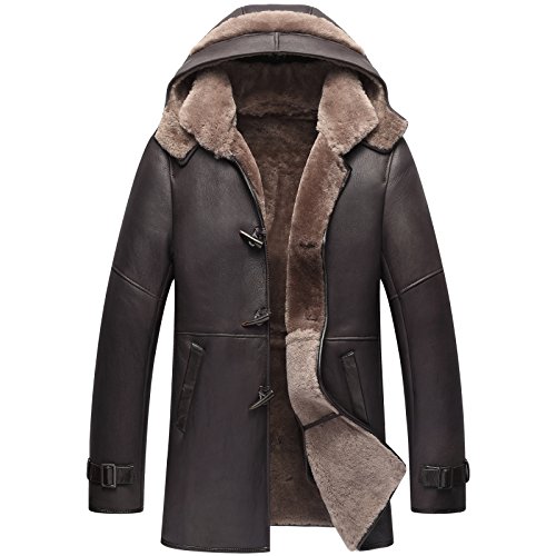 LINAILIN Mens Sheepskin Fur Coat Shearling Coats Fashion Genuine Leather Hood Outerwear (L, Dark Brown)