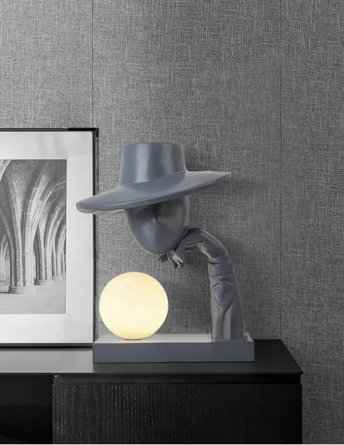 Image of Abstract Black Resin Sculpture Table Lamp Hat-Wearing Human Face Figure (Bulb Included)