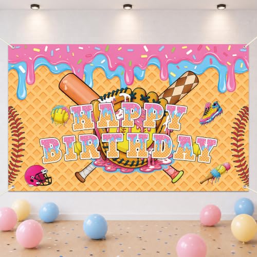 Ice Cream Drip Softball Party Backdrop Sports Happy Birthday Party Decor by Yigemoyo - Used condition - US$9.79
