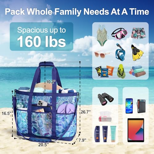Image of Beach Bag, F-color Mesh Beach Bag Oversized Beach Tote 8 Pockets Beach Toy Bag Lightweight Beach Tote Bag for Women Picnic Travel