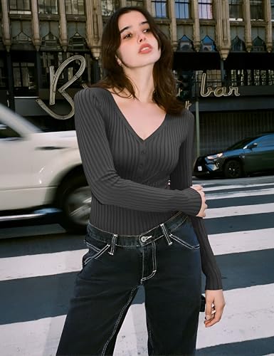 v28 Women Tops Long Sleeve V Neck Henley Button Up Casual Sexy Slim Fit Ribbed Knit Knitwear Pullover Sweater2