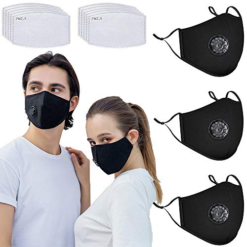 3 Pack Black Reusable Dust Cotton Face Protection with Breathing Valve Adjustable ear loops Breathable Washable and 10Pcs Replaceable Filters
