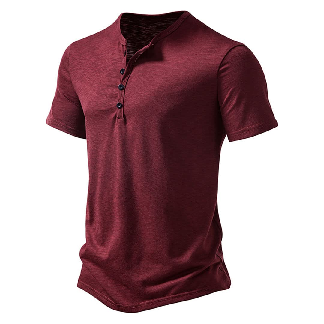 Camicie da uomo Henley Colletto Casual Top, Rosso vinaccia, L