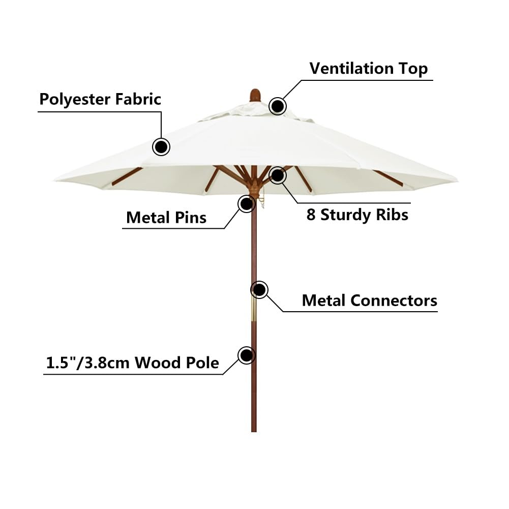 Sombrilla de patio impermeable resistente de 9 pies, redonda de 7 pies, sombrilla para exteriores con polea elevadora, poste de madera y 8 varillas resistentes para terraza, piscina, jardín, mercado