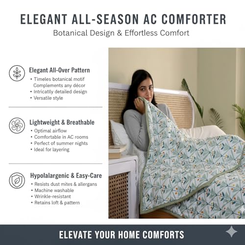 Image of IVAZA Luxury Ultrasonic Punch AC Comforter Blanket - Quilted Microfiber Floral Pattern, Lightweight Breathable All‑Season Blanket for Bedroom, Travel (Singled Bed,228x152 CM) (Green White