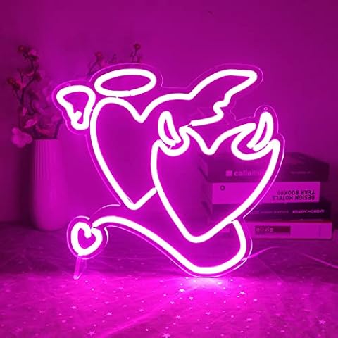 Pink Neon Sign Angel Demon Neon Signs Heart Neon Signs for Bedroom 14''x13’’ Acrylic Love Neon Sign Wedding Neon Light Sign for Wall Dcor Bar Living Room Valentine's Day Girl Gift Christmas Party Cover