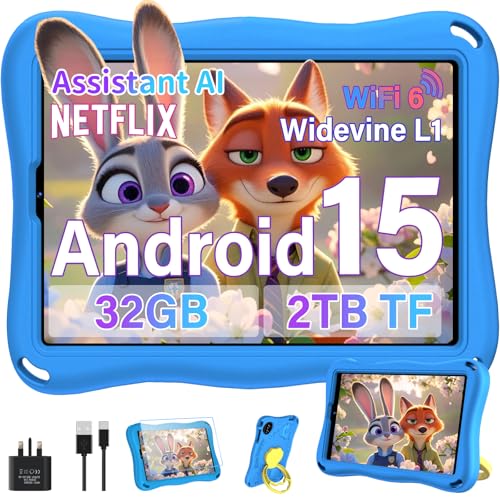 JVVQTB Kids Tablet Pro Android 15 Octa Core ROM 32GB+2TB TF | tablets 9 Inch | 5G + 2.4G WiFi | Parental Controls | Bluetooth 5.0 | GMS | 8MP + 5MP | Type C, Assistant AI, Eva protective case - Blue