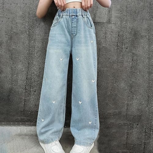 Girls Jeans Cute Heart Bow Print Jeans High Elastic Waisted Denim Trousers Kids Casual Streetwear Wide Leg Baggy Jean2