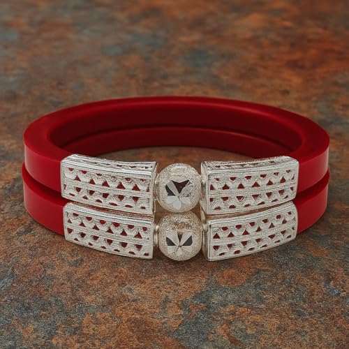 Image of Traditional Maroon Bangles with Antique Silver Work - Set of 2