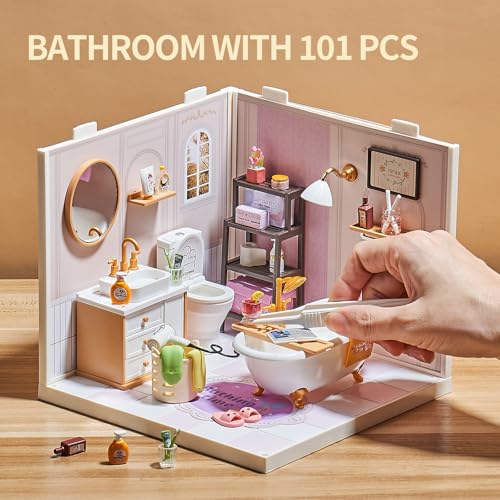 DIY Miniature Bathroom Play Kit with 101Pcs, 1:20 Scale Dollhouse Washroom Furniture with LED Light, Realistic Accessories & Connectable Base Room, Tiny House Toy for Adults & Kids 8+