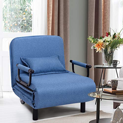 Image of CASART. Folding Sofa Bed, 3-in-1 Convertible Recliner Chair with Pillow and Caster, Indoor Single Sleeper Guest Bed Lounge Futon Couch for Home Office Bedroom Living Room (Blue)
