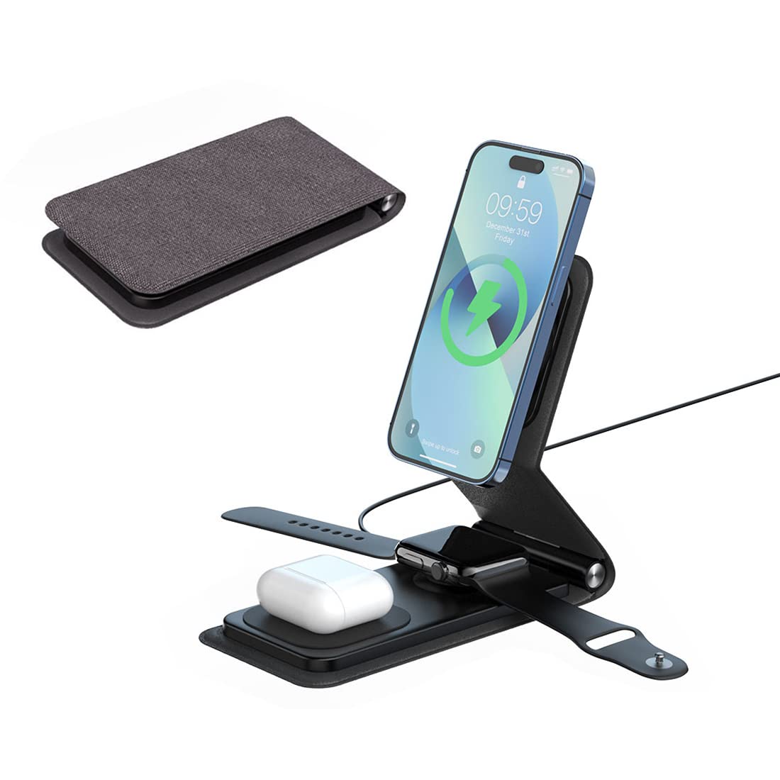 Wireless Charging Station for Apple Magsafe Charger, Travel 3 in 1 Foldable Charging Dock & Magnetic Phone Stand for iPhone 14 Pro Max/14 Pro/14/13/12/11/XS/X, Samsung, Apple Watch AirPods (grey), USB