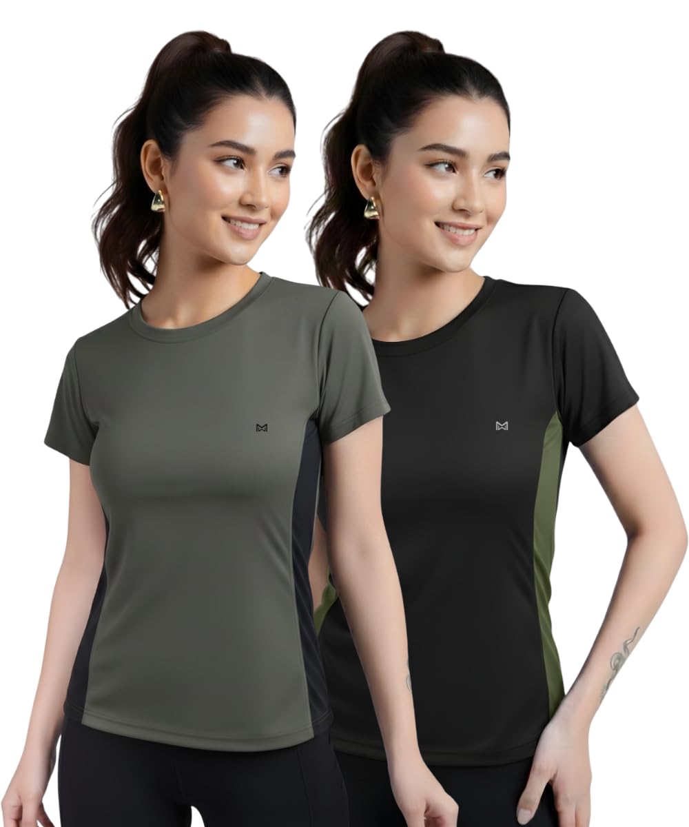 white moon Women's Polyester Dry Fit Gym T-Shirt | Sports T-Shirt | Round Neck Half Sleeve | Perfect for Workout, Running, Cycling | Combo T-Shirt for Women | Breathable (Pack of 2)-picture-54