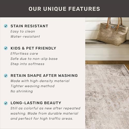 Image of Hazo Haus Neutral Farmhouse Area Rug for Bedroom - 6x9 Washable Rug for Dining Room Table, Ultra-Thin Soft Textured Boho Indoor Decor, Fade & Stain Resistant