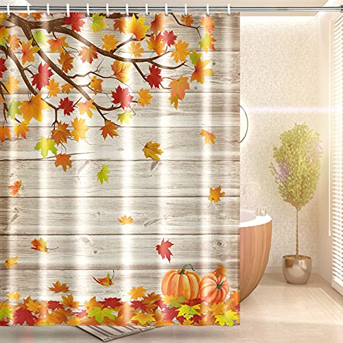 Fall Shower Curtain Thanksgiving Pumpkin Shower Curtain With Hooks Farmhouse Style Shower Curtain Falling Maple Leaves On Rustic Wooden Board Autumn Fabric Waterproof Bathroom Decor(W71”×H71”) #TOP2