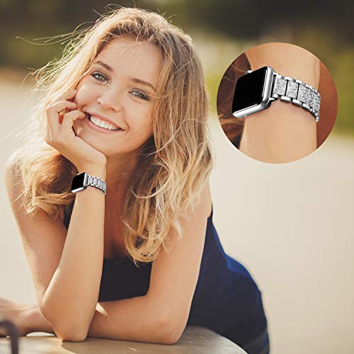 Secbolt Bling Bands Compatible with Apple Watch Band 42mm 44mm Women iWatch SE Series 6/5/4/3/2/1, Dressy Jewelry Metal Bracelet with Rhinestones, Silver - Thumbnail 6