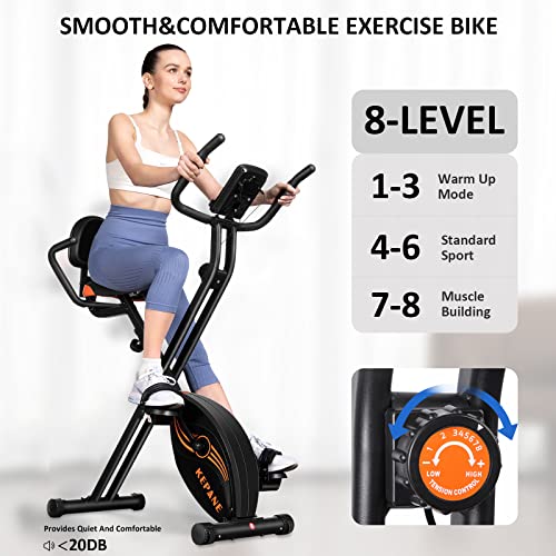 Kepane Exercise Bike Foldable Stationary Exercise Bikes Upright Portable Indoor Cycling Bike 8 Levels Magnetic X-Bike 300Lb Seat Backrest Adjustments Orange #TOP2