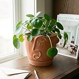 HERDUK 6 Inch Terracotta Abstract Face Planter with Drainage & Saucer – Artistic Ceramic Flower Pot for Indoor Plants, Boho Home Decor, Unique Gift for Plant & Art Lovers