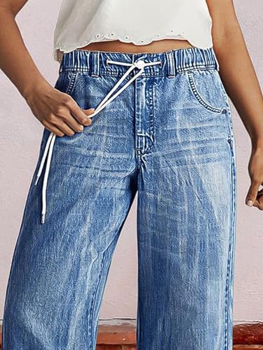 Flamingals Wide Leg Jeans for Women Casual Baggy Mid Rise Drawstring Elastic Waist Seam Detail Wash Denim Pants2