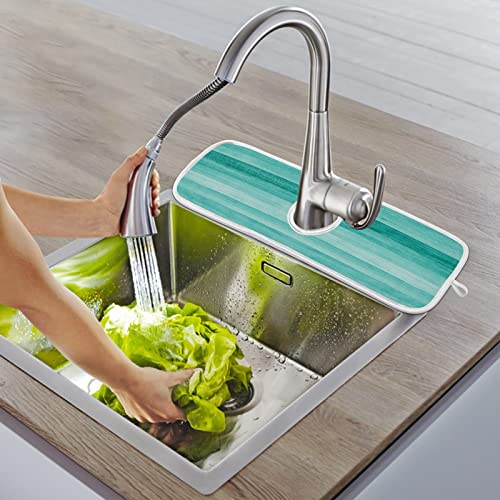 teal turquoise green wood texture faucet water catcher mat 2 pack green blue wooden printing drying mat absorbent bathroom faucet handle drip catcher tray bar rv kitchen sink splash guard 14x5 inches