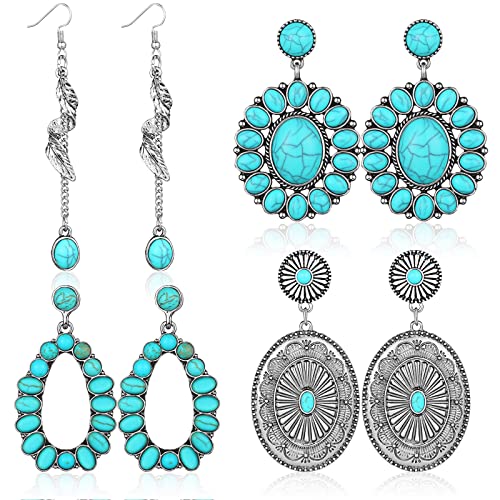 Bonuci 4 Pairs Western Earrings Boho Turquoise Oval Drop Dangle