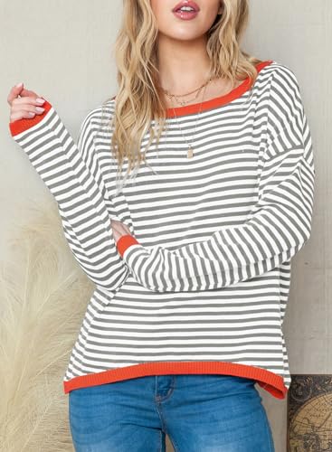 Image of Women's Striped Sweater Long Sleeve Crew Neck Ribbed Knit 2024 Fall Winter Pullover Sweater Tops