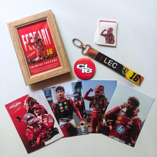 Image of TenorArts Charles Leclerc F1 Gift Box Merchandise for Fans - 5x7 Inches Laminated Photo Frame,1 Keychain, 1 Badge, 4 4x6 inches Posters, 10 Multi sized F1 Stickers - 5 items in 1 Box | Perfect for Gifting F1 Fans