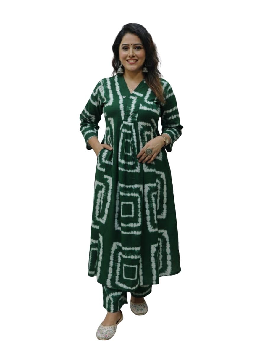 million pixels Women's Cotton Blend Ikat Print Salwar Suit Set with Kurta and Palazzo, Mandarin Collar, 3/4 Sleeves, 2 Pockets, Regular Fit-picture-46