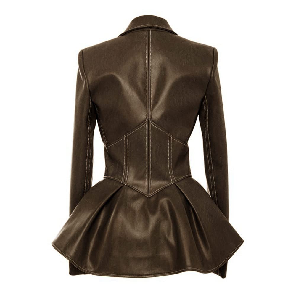 Chaqueta Moto Mujer,Chaqueta De Piel Sintética Para Mujer Túnica De Solapa Marrón Con Cremallera Dobladillo Con Volantes Sexy Vintage Manga Larga Slim Fit Biker Pu Abrigo Bombardero Motocicleta O