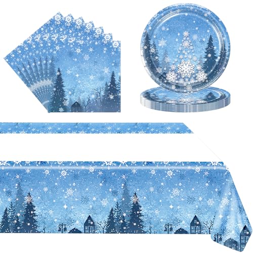 POPOYU 37P Vaisselle de Fête en Papier de Flocon de Neige -16x Assiette Reine Des Neiges,20 x Serviettes,Nappe de Frozen,Ensemble de Vaisselle pour...
