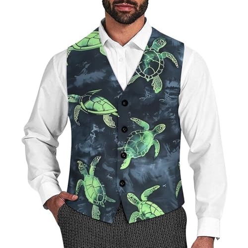 Turtles Tie Dye Pattern Suit Vest for Men Casual Business Tuxedo Slim Fit Suit Vests Lightweight Waistcoat