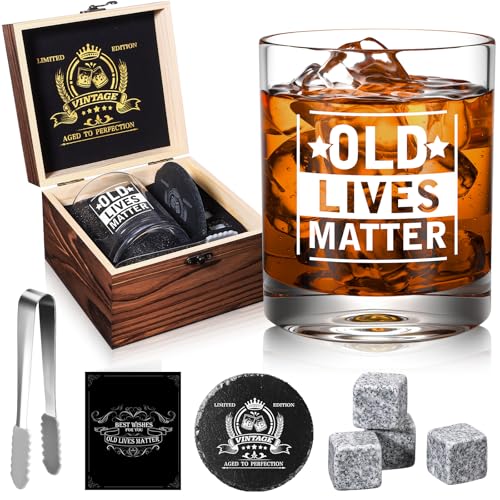 veecom Old Lives Matter Whiskey Glass 354ml Old Fashioned Rum Glass Funny Gag Gifts for Old Man Grandpa Dad Mens Birthday or Retirement Gifts with Whiskey Stones Coaster Wooden Box