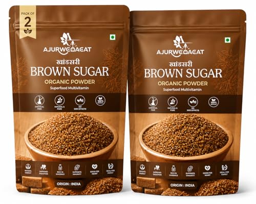 Image of AJURWEDAEAT Brown Sugar Organic Natural Sweetener Powder Unrefined Healthy Alternative No Preservatives Fine Granules for Tea Coffee Baking Made in India (850 GM - Pack Of 2)